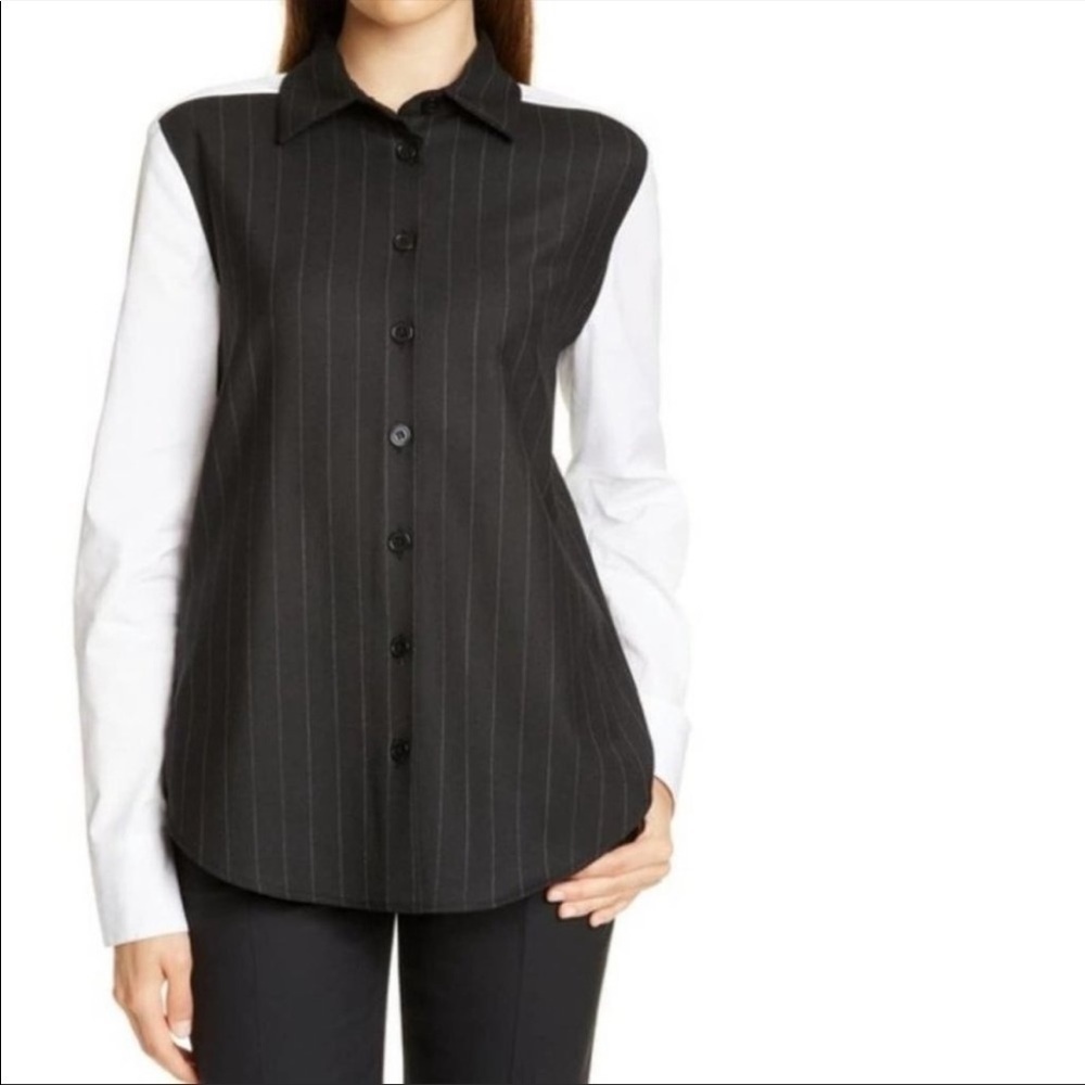 JUDITH & CHARLES size 4 Garda Pinstripe Blouse Black White Button Up